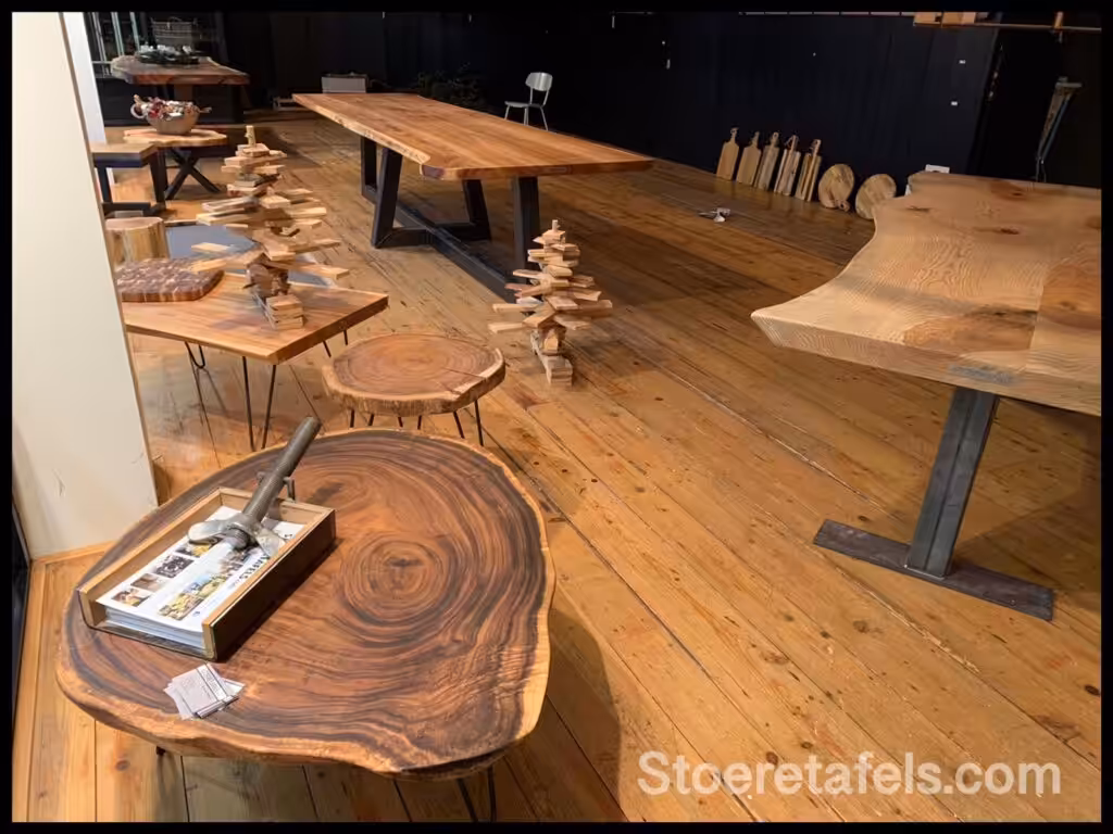 Diverse houten tafels met stalen onderstellen Diverse houten tafels met stalen onderstellen