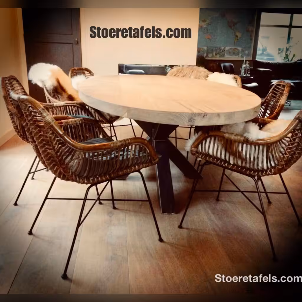 Houten tafel met een uniek design, een stalen onderstel en unieke stoelen Houten tafel met een uniek design, een stalen onderstel en unieke stoelen