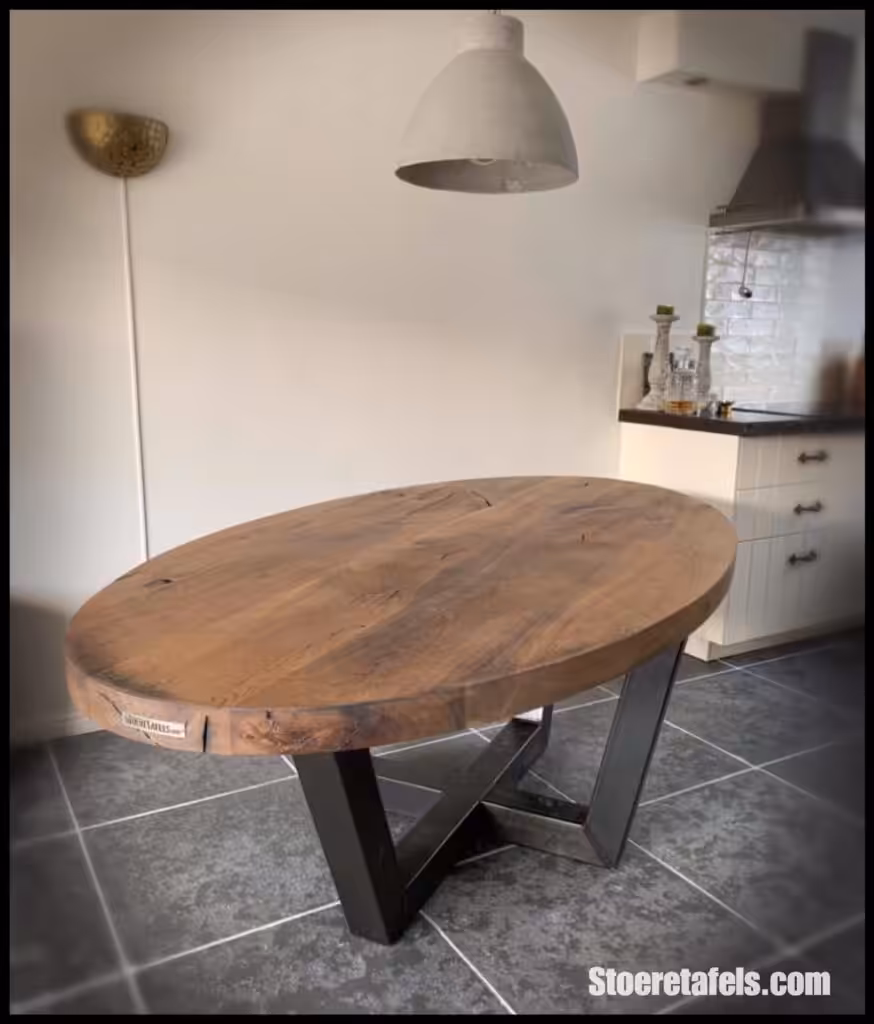 Ovalen houten tafel met stalen onderstel Ovalen houten tafel met stalen onderstel