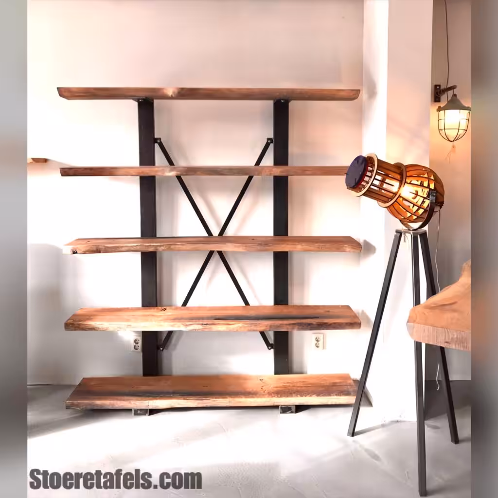 Stalen kast met houten planken Stalen kast met houten planken